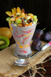 Chia pudding with mixed fruit and nut muesli